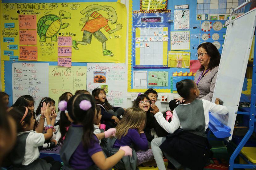 Sandra Urton teaches her kindergarten class at Solar Preparatory School for Girls in Dallas...