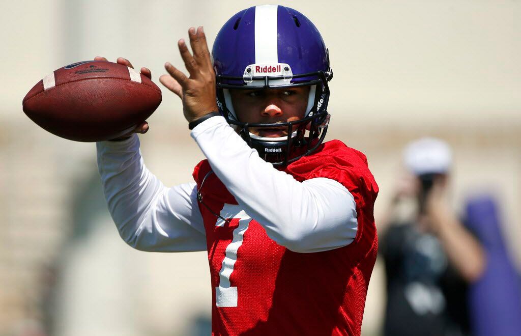 Texas Christian quarterback Kenny Hill (7) during a team drill at practice on Friday, Aug....