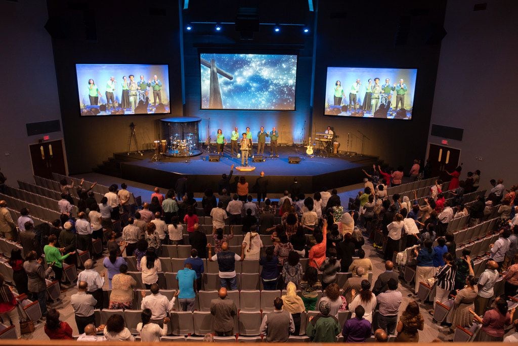 Ethiopian Evangelical Baptist Church in Garland uses large video screens during services.