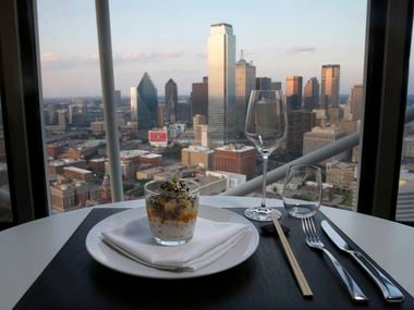 A desert of halo halo with a Dallas skyline in the background at Five Sixty by Wolfgang Puck in Dallas, Sunday, Sept. 4, 2016. (Jae S. Lee/The Dallas Morning News)