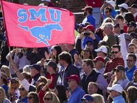 SMU fans celebrate a touchdown catch by wide receiver Reggie Roberson Jr. during the second...