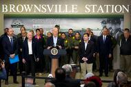 President Joe Biden speaks at the Border Patrol station in Brownsville, Texas, on Thursday,...