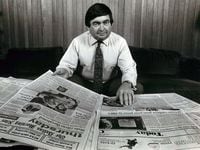 Former Dallas Morning News executive editor Burl Osborne is shown with the Feb. 12, 1981,...