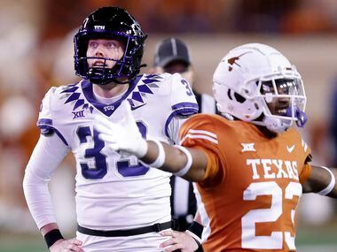 TCU Horned Frogs place kicker Griffin Kell (39) reacts to missing a first quarter field goal...