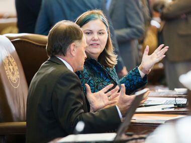 State Rep. Michelle Beckley talks with a colleague on the second day of the 86th Texas...