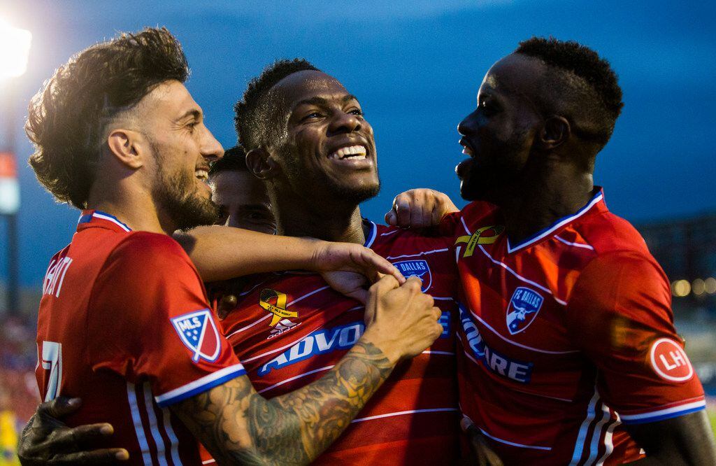FC Dallas defender Maynor Figueroa (31, center) celebrates with team mates after he scored a goal in the sixth minute of the first half of a soccer game between the Colorado Rapids and FC Dallas on Wednesday, September 27, 2017 at Toyota Stadium in Frisco, Texas. (Ashley Landis/The Dallas Morning News) 
