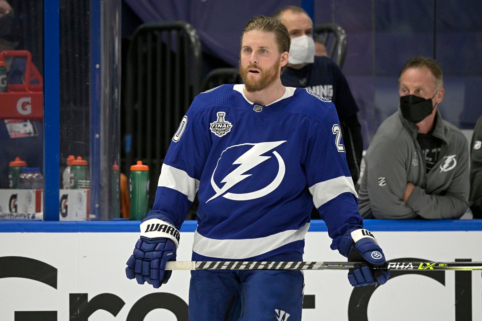 Tampa Bay Lightning center Blake Coleman (20) warms up before Game 1 of the NHL hockey Stanley Cup finals series against the Montreal Canadiens, Monday, June 28, 2021, in Tampa, Fla.