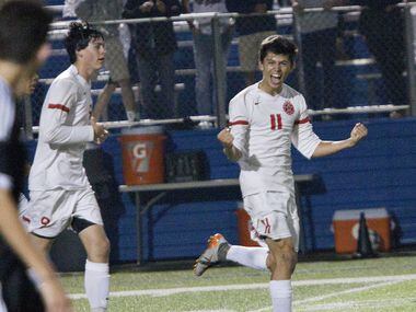 Coppell player Nick Taylor (11) celebrates a goal against Lake Travis during their UIL 6A...