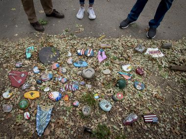 A cluster of rocks devoted to U.S. military branches on the rock art trail at Parr Park in Grapevine, Texas on October 15, 2020.