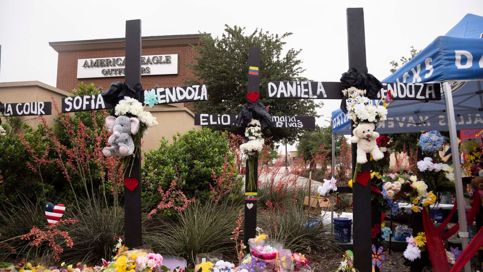 Crosses include the names of Sofia Mendoza, Elio Cumana-Rivas and Daniela Mendoza, three of...