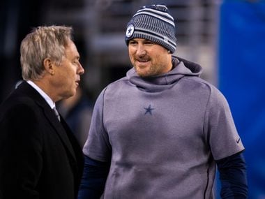 Dallas Cowboys tight end Jason Witten (82) talks with Senior Vice President of public relations and communications Rich Dalrymple before an NFL game between the Dallas Cowboys and the New York Giants on Monday, November 4, 2019 at MetLife Stadium in East Rutherford, New Jersey. (Ashley Landis/The Dallas Morning News)