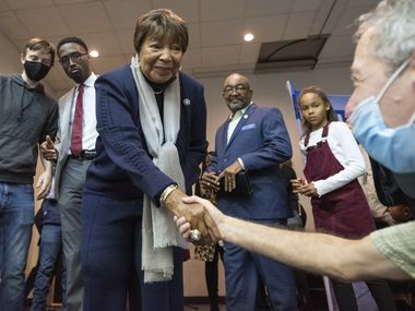 U.S. Rep. Eddie Bernice Johnson is congratulated by friends and colleagues after she announced that she will retire from Congress during “The Justice Tour" luncheon for Democratic Party activists and judicial candidates, at Kirkwood Temple CME Church in Dallas, on Saturday, Nov. 20, 2021. 