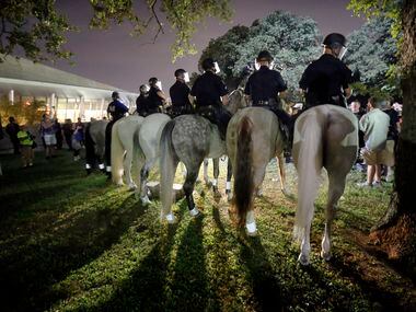 Police on horse back move in and push protestors from Pioneer Park.