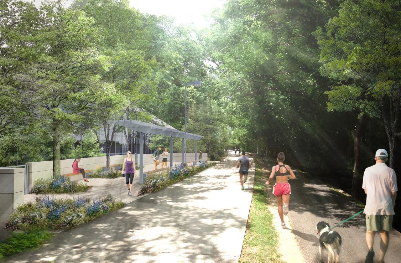 
The Perot campus will be connected to the adjacent Katy Trail with a plaza and a pedestrian...