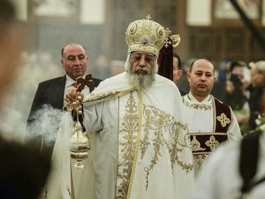 Pope Tawadros II of Alexandria leads mass at the Cathedral of the Nativity of Christ in...