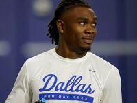 SMU wide receiver Rashee Rice stands on the field during an NFL Pro Day in Dallas,...