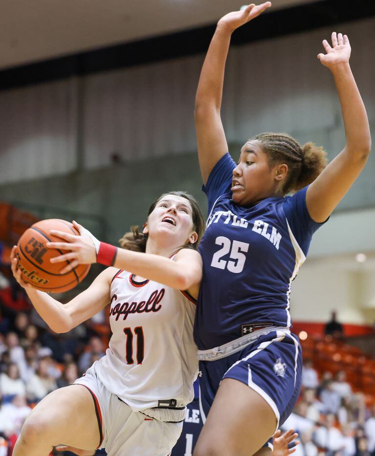 Coppell senior guard Waverly Hassman (11) collides with Little Elm sophomore forward Staci...