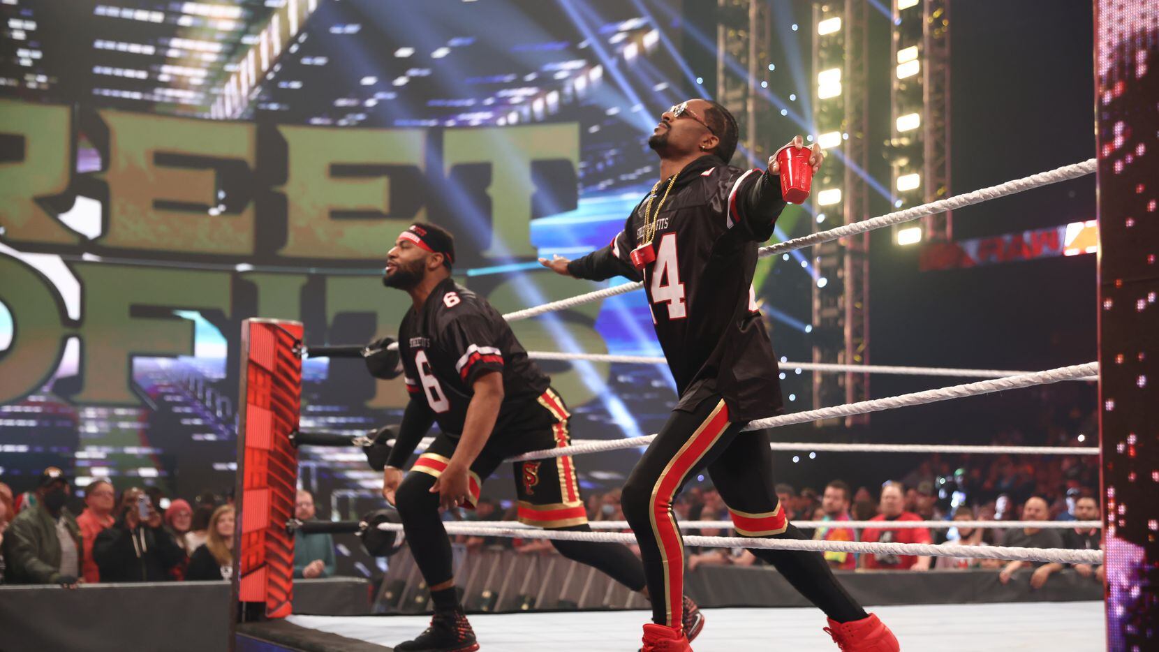 The Street Profits, Angelo Dawkins (left) and Montez Ford (right) enter the ring during an...