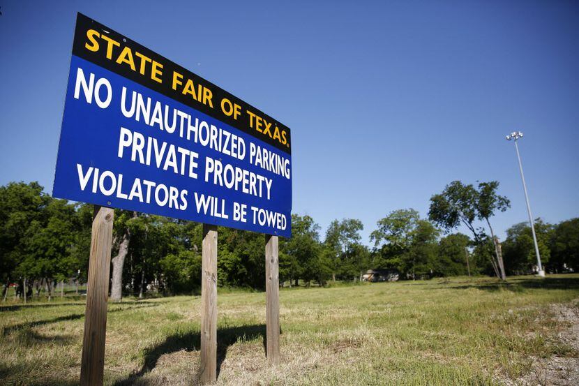 A no-parking sign on vacant land along Bank Street owned by the State Fair of Texas near...