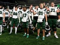 The Prosper Eagles celebrate their victory over North Crowley, 35-21 in the Class 6A...