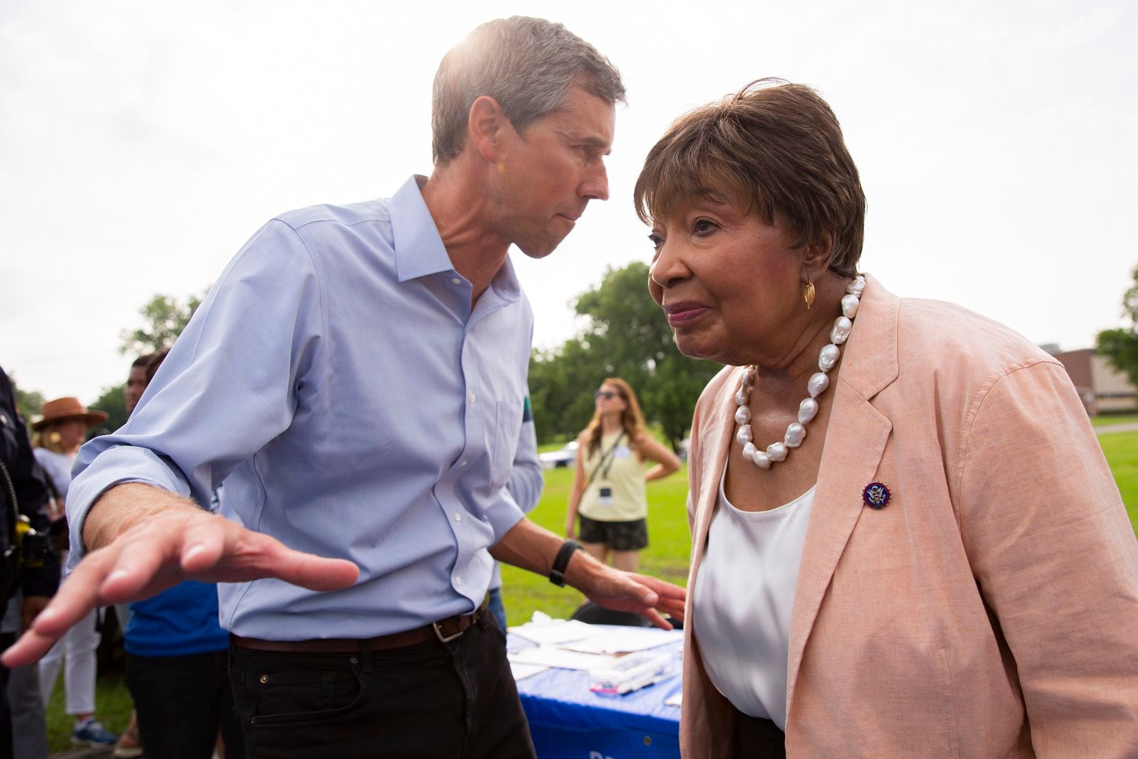 Former congressman Beto O'Rourke speaks to U.S. Rep. Eddie Bernice Johnson before the start of his For the People, The Texas Drive for Democracy event on Tuesday, June 8, 2021, at Paul Quinn College in Dallas. (Juan Figueroa/The Dallas Morning News)
