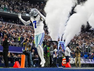 Dallas Cowboys cornerback Trevon Diggs takes the field before an NFL football game against...