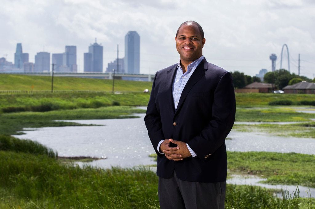 State Rep. and Dallas mayoral candidate Eric Johnson poses for a photo in the former Los...