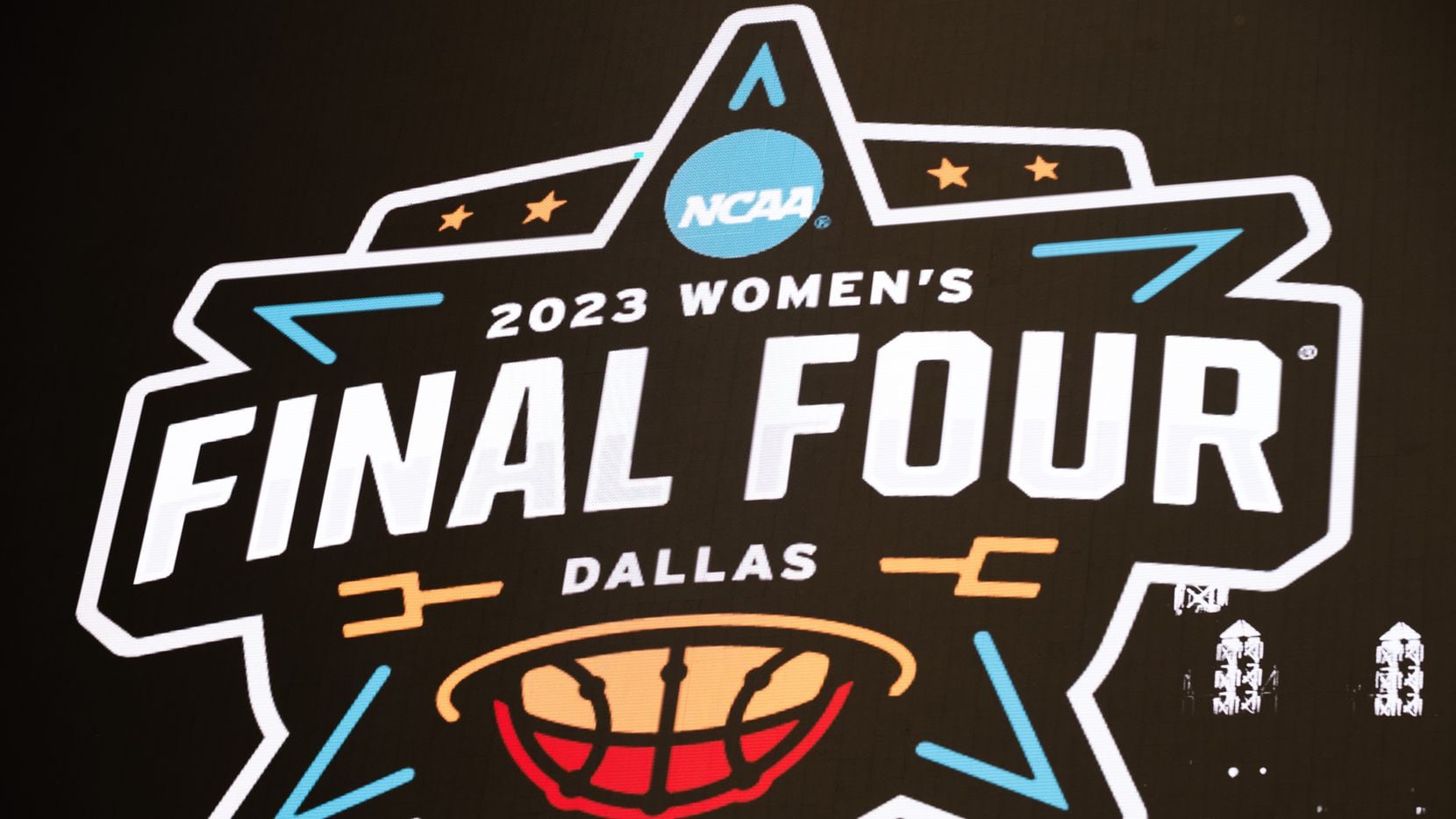 The Dallas 2023 Women's Final Four Logo on display on the giant video board at the AT&T...