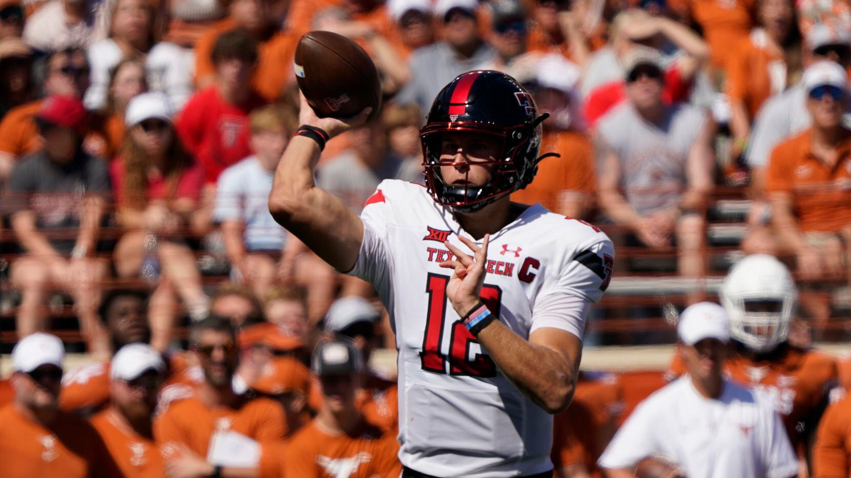 Texas Tech quarterback Tyler Shough (12) looks to pass against Texas during the first half...