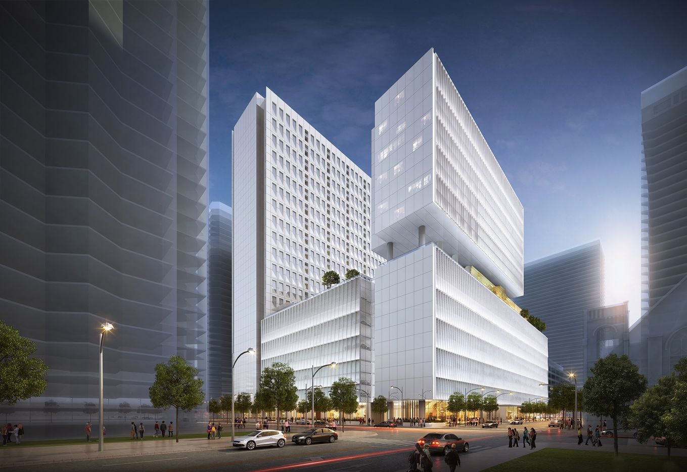 The new high-rise mixed-use project across the street will have retail, more than 2,000 parking spaces, a hotel and apartments.