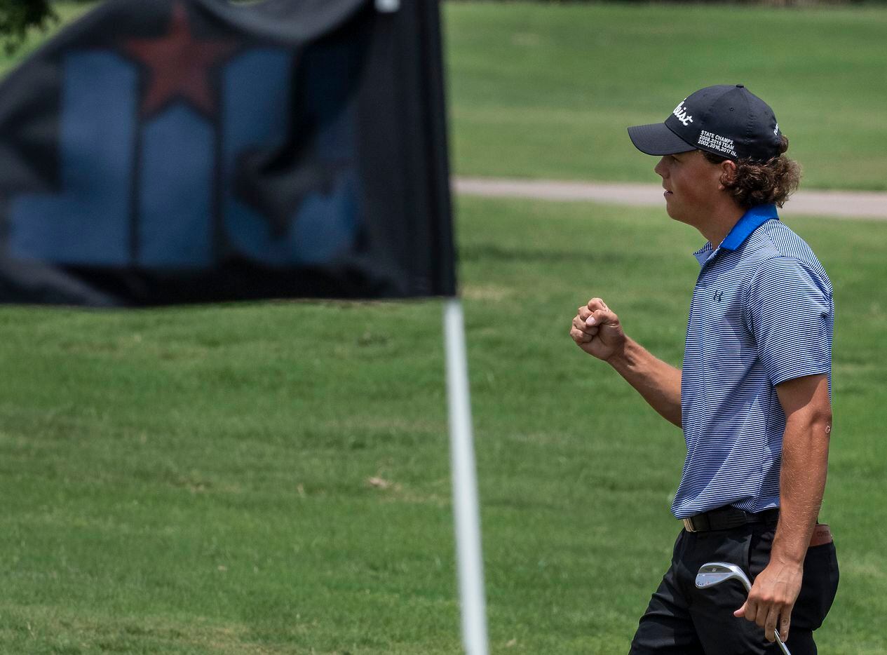 Plano West Matt Comegys celebrates after chipping in on the 18th green for an eagle to win...