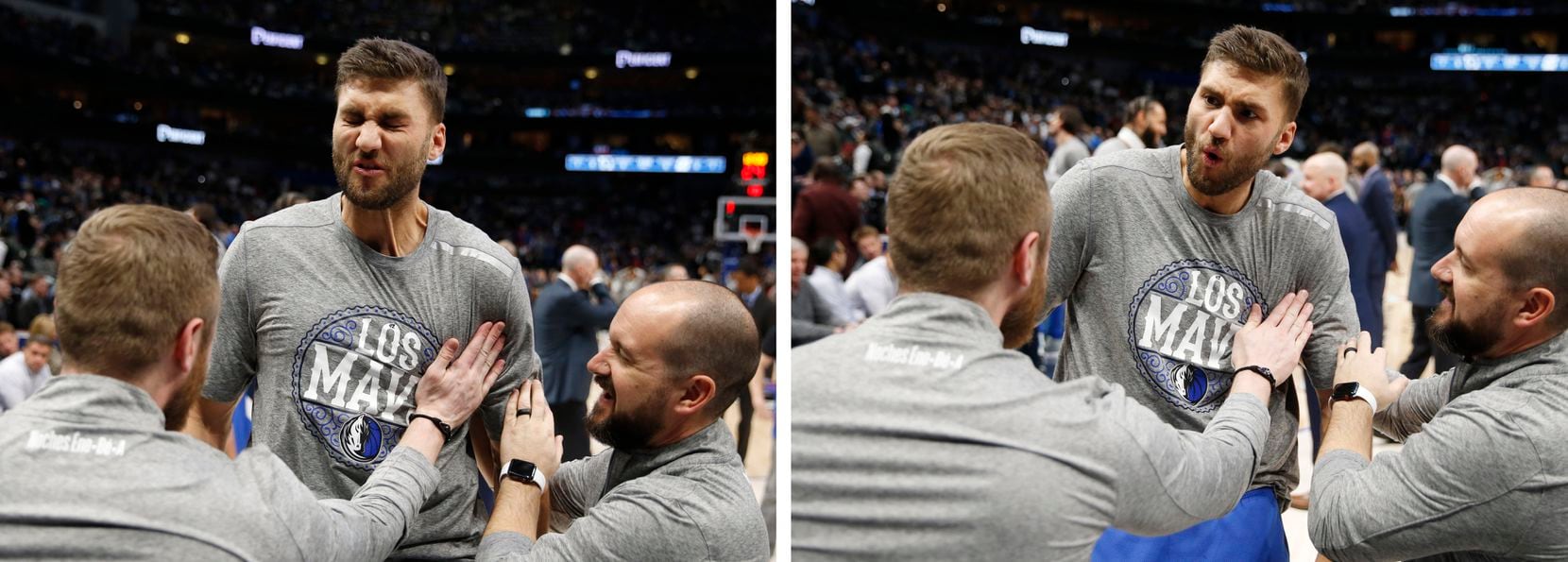 Dallas Mavericks forward Maxi Kleber (42) reacts after he is slapped in the chest prior to...