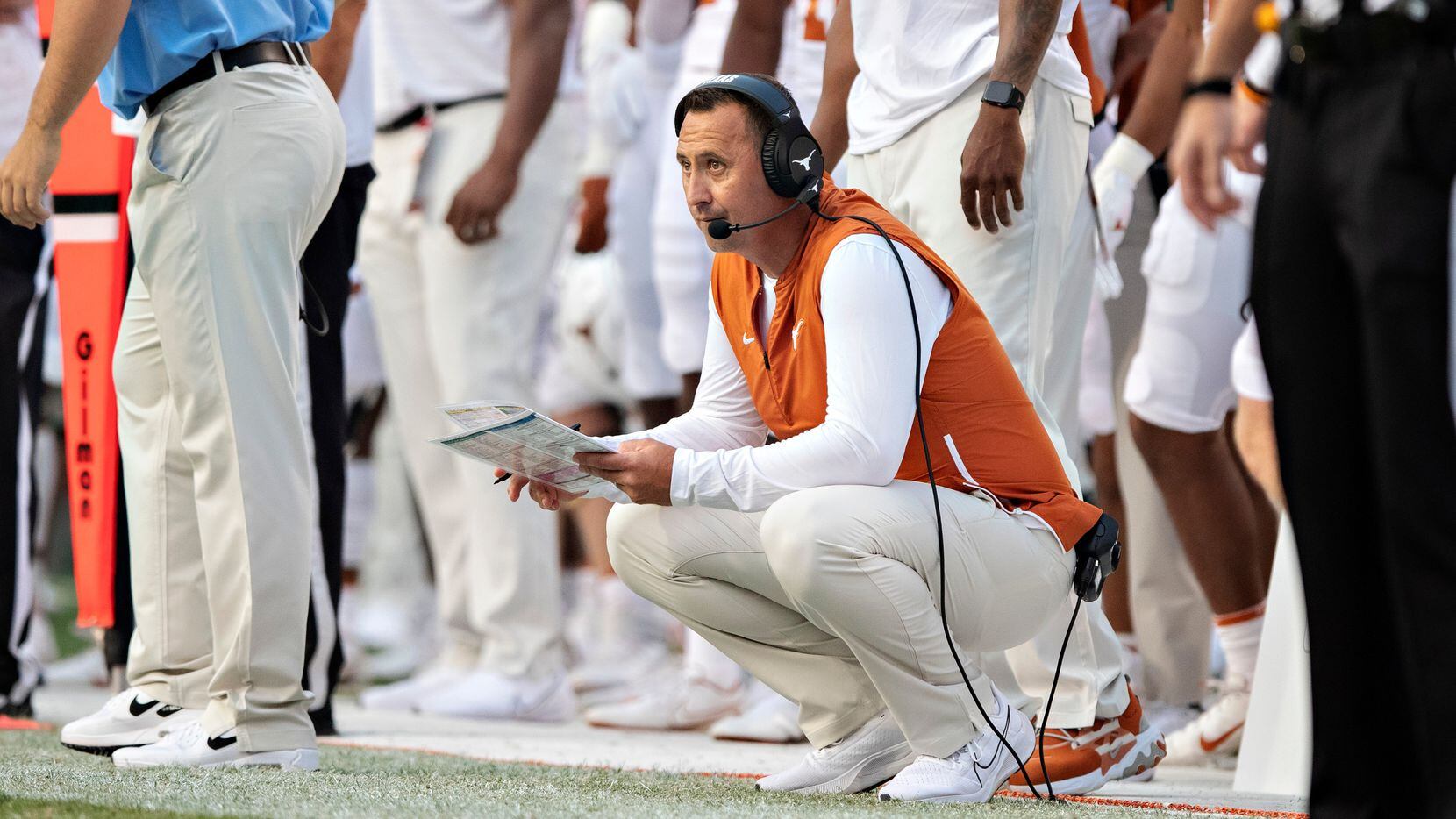 Head Coach Steve Sarkisian of the Texas Longhorns watches the game on the sidelines in the...