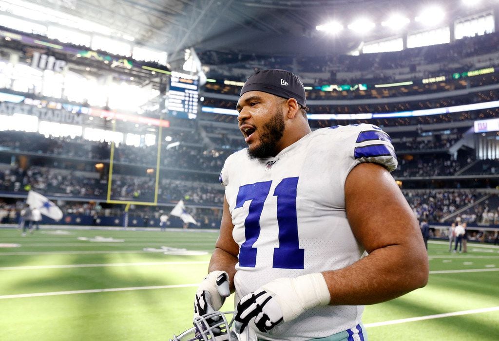 Dallas Cowboys offensive tackle La'el Collins (71) walks off the field following their win over the New York Giants at AT&T Stadium in Arlington, Texas, Sunday, September 8, 2019. 