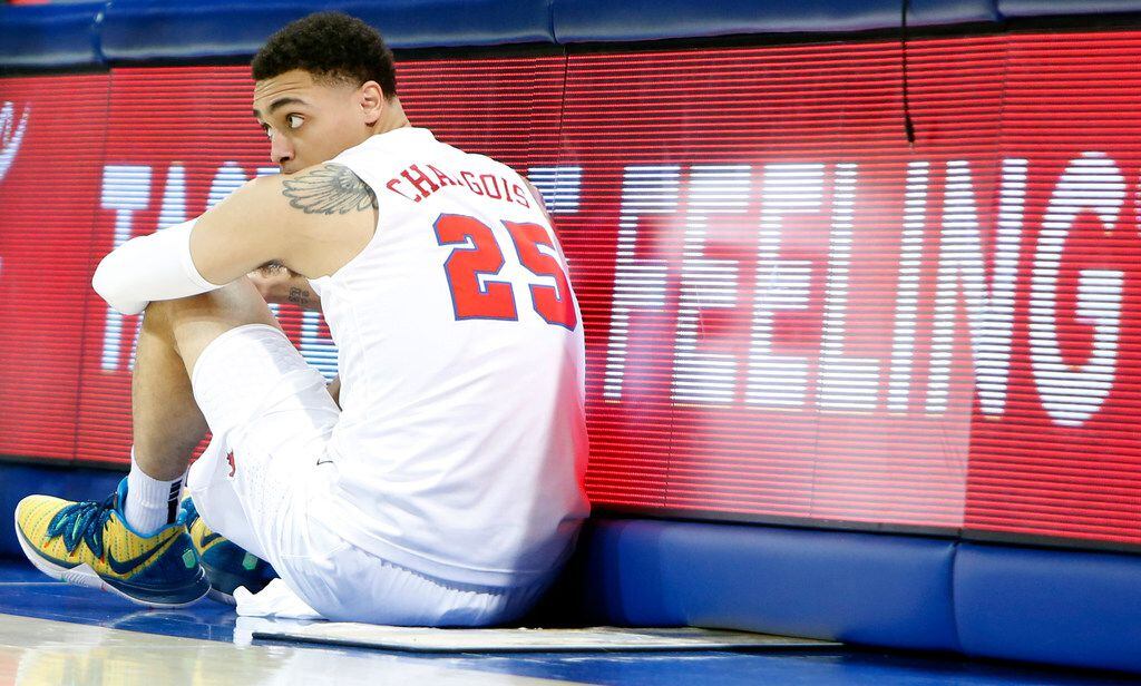 SMU forward Ethan Chargois (25) waits by the scorer's table to enter first-half action...
