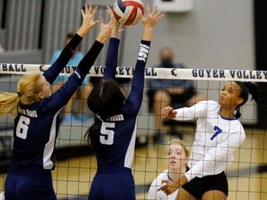 Denton Guyer's Jordyn Williams (7), pictured in a match against Flower Mound earlier this season, had 22 kills, six blocks and 15 digs in Tuesday's five-set win against nationally ranked Prosper.