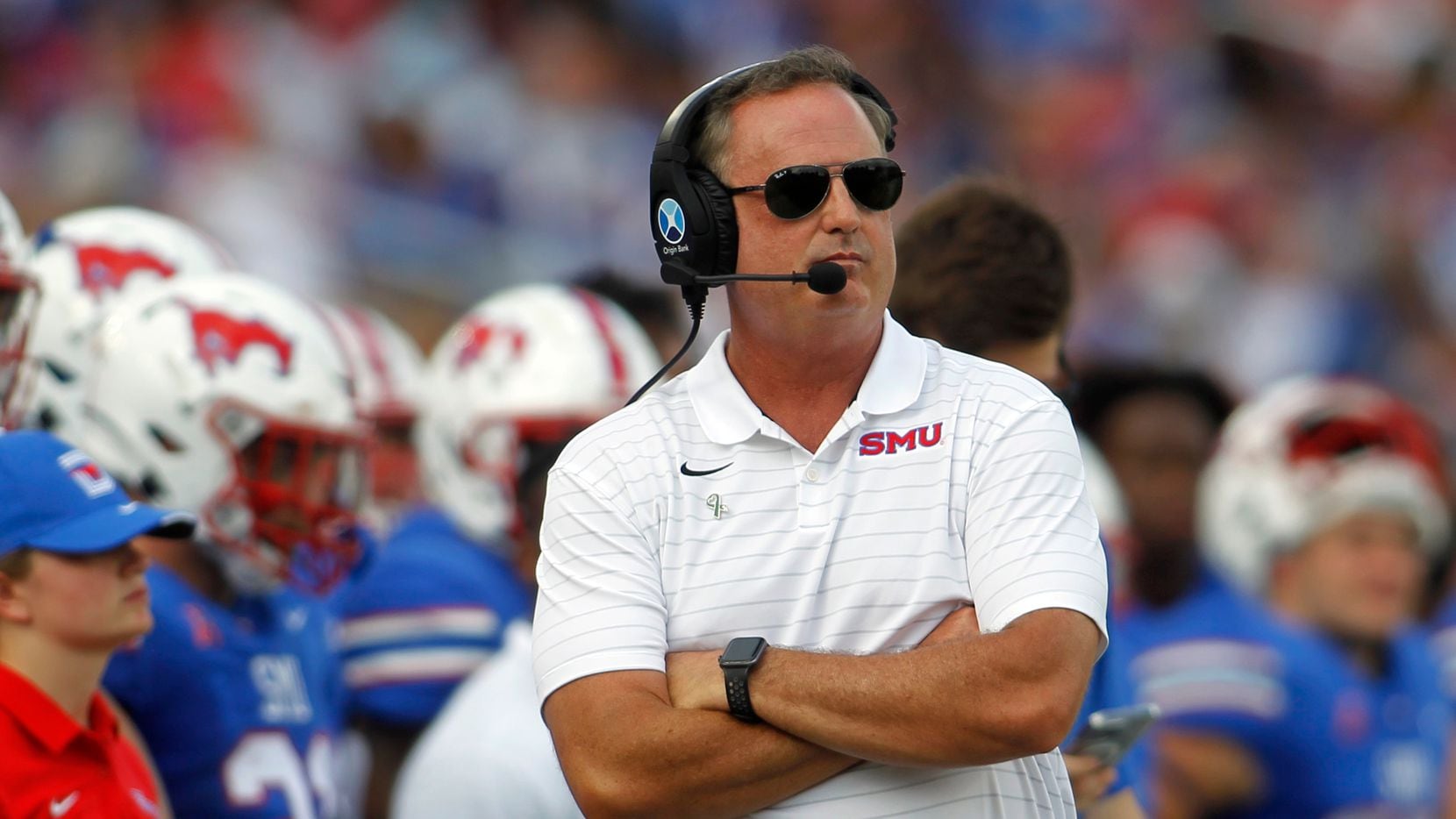 SMU head coach Sonny Dykes looks on from the team bench area during first half action against South Florida. The two teams played their NCAA football game at SMU's Ford Stadium in Dallas on October 2, 2021.