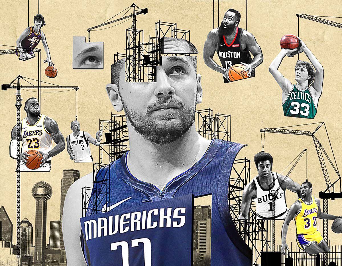 Individual facets of Luka Doncic’s game, pulled together, make him an amalgamation of many NBA greats, past and present. (Photo by Ronald Martinez, Getty Images; Illustration by Michael Hogue, Staff Artist)