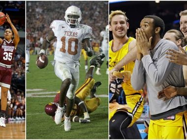 Some of our staff's picks for "Best Game I've Ever Covered" include (left to right) Miss. State's championship win over UConn in Dallas, Vince Young leading Texas to a title in the Rose Bowl, and No. 16 seed UMBC's upset of No. 1 Virginia in the NCAA Tournament.