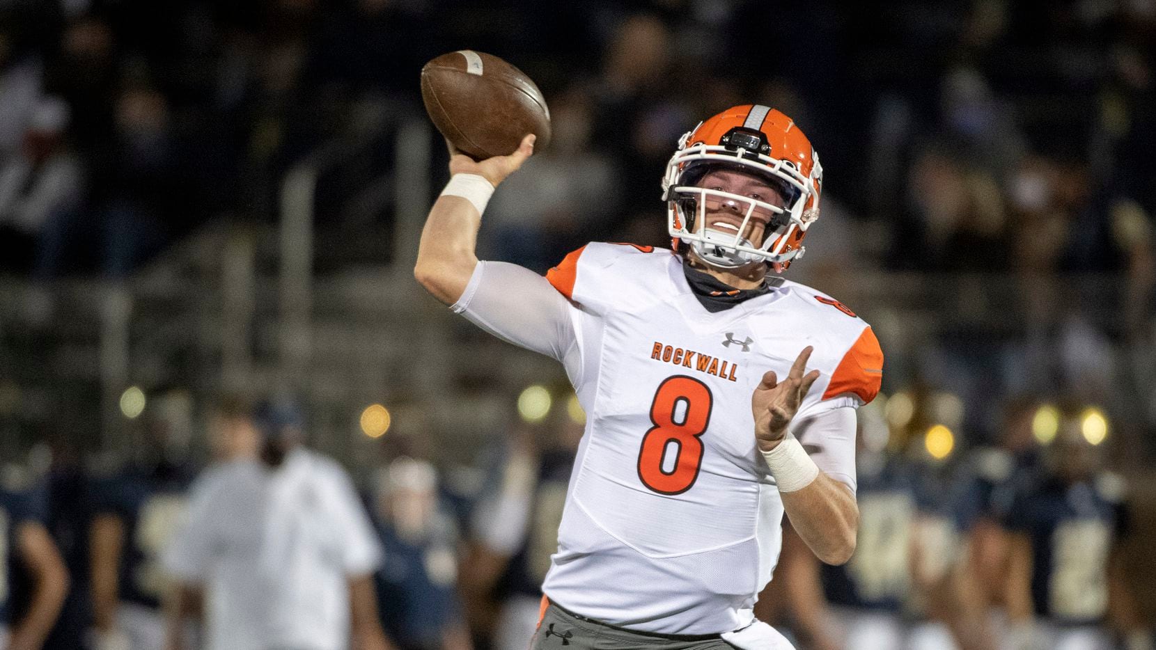 Rockwall junior quarterback Braedyn Locke (8) throws a pass during the second half of a high school football game against Jesuit on Friday, October 2, 2020 at Postell Stadium in Dallas. Rockwall won 60-38.