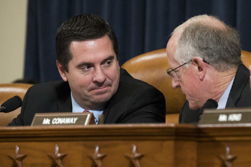 Chairman Rep. Devin Nunes (R-CA) speaks with Rep. Mike Conaway (R-TX) during a House...