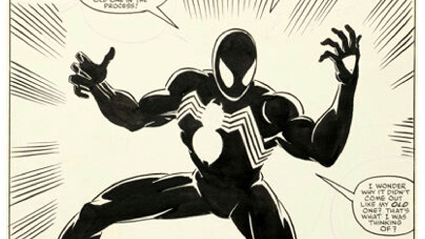 Esta imagen cortesía de Heritage Auctions muestra la página 25 del cómic "Secret Wars número 8", de Marvel Comics y publicado en 1984, en el que se cuenta la historia del origen de la ahora icónica vestimenta negra de Spider-Man. (Heritage Auctions vía AP)