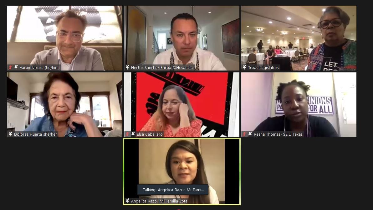In this screen grab, Texas House Democrats hold a voting rights seminar via Zoom from their hideout hotel in Washington, DC, with labor icon Dolores Huerta and leaders of Mi Familia Vota and the Service Employees International Union on July 19, 2021.