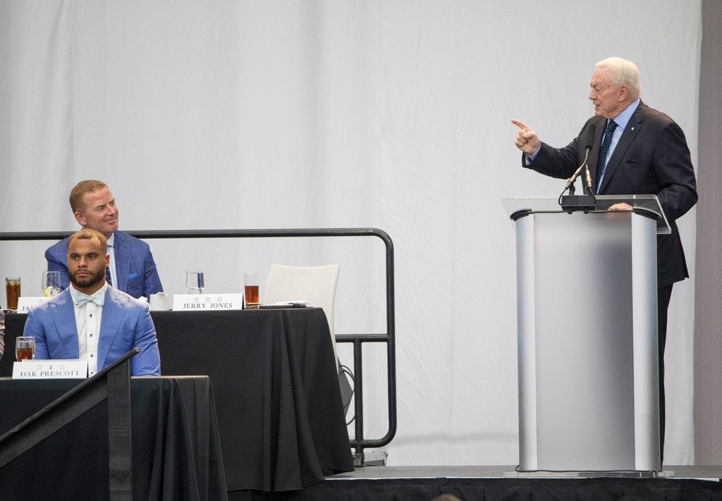 Owner Jerry Jones speaks during the annual Cowboys Kickoff Luncheon at AT&T Stadium in...