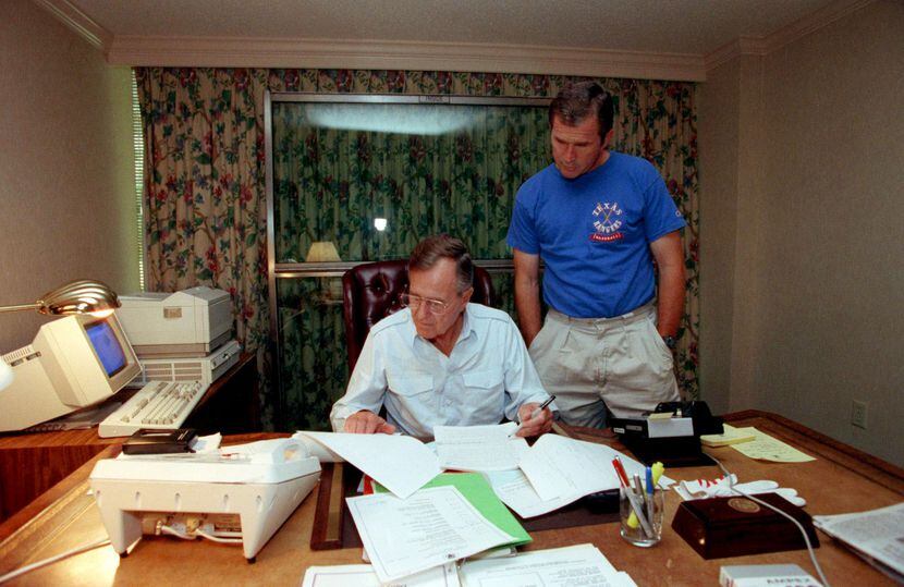 1992: George W. Bush watches at the Houstonian Hotel as his father, President George H. W....