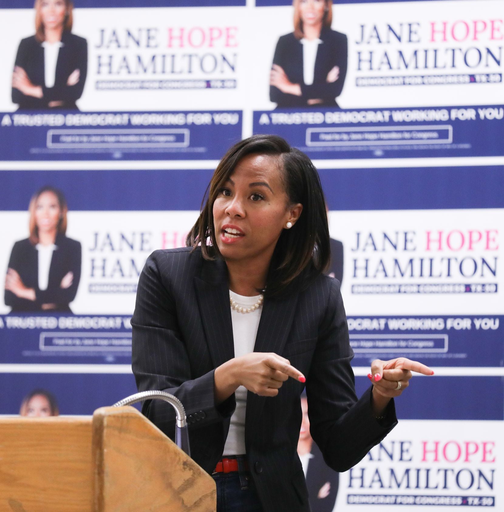 Jane Hamilton, candidate for the District 30 race, speaks at her town hall at the Duncanville Recreation Center in Duncanville, Texas, on February 8, 2022.