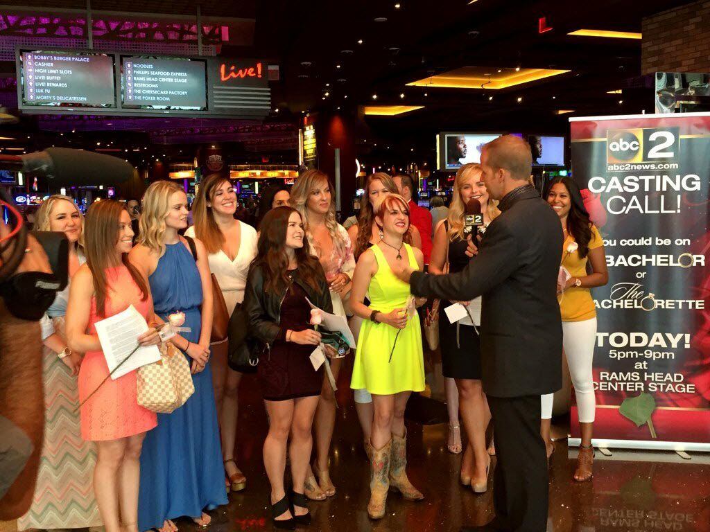 ABC2 meterologist Wyatt Everhart interviews "Bachelor" hopefuls at a casting call in...