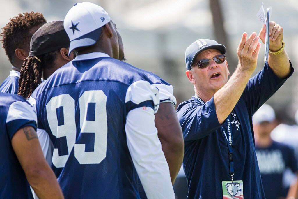 Dallas Cowboys defensive coordinator Rod Marinelli works with the defensive line, including...