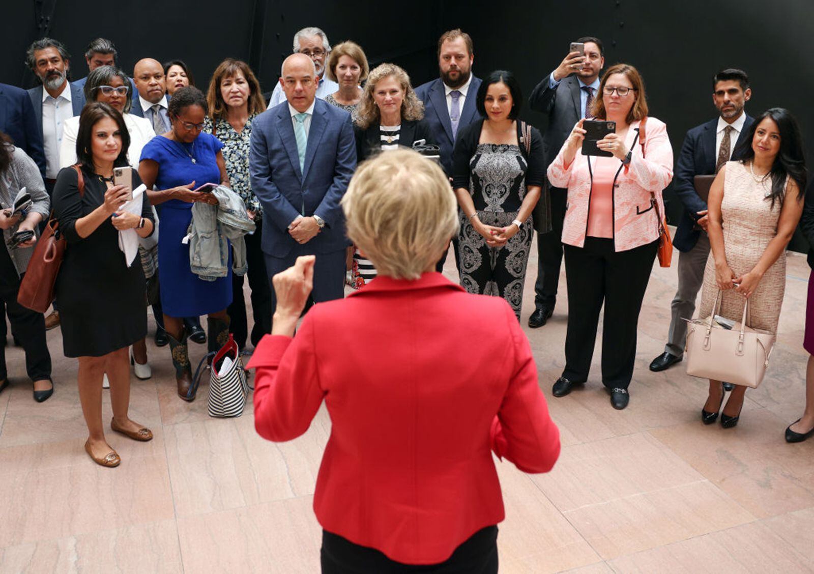 Sen. Elizabeth Warren, D-Mass., addressed Texas House Democrats as they met with senators on Capitol Hill on July 14, 2021. More than 60 Democrats left the state to block a voting restrictions bill and deny a Republican quorum.