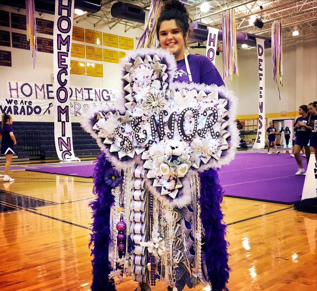 Alvarado High senior Brittany Eicker wore a 'Texas-sized' mum  to their homecoming pep...